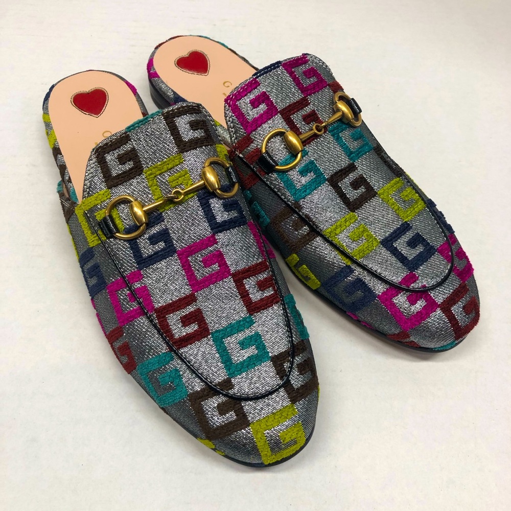 Gucci Princetown velvet multicolored monogram mules, NWOT - Picture 1 of 10